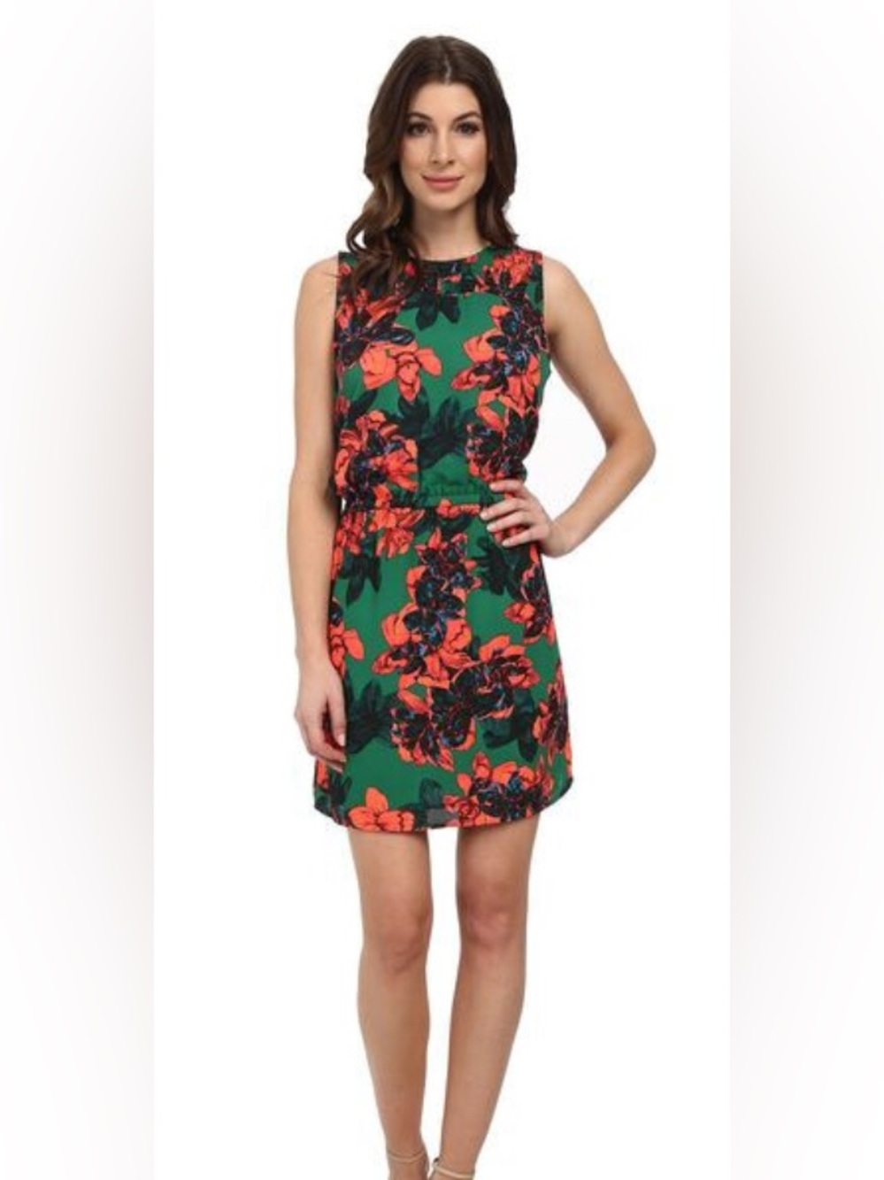 Vince Camuto Adilene Green Floral Drawsting Smocked Shoulders Mini Dress
